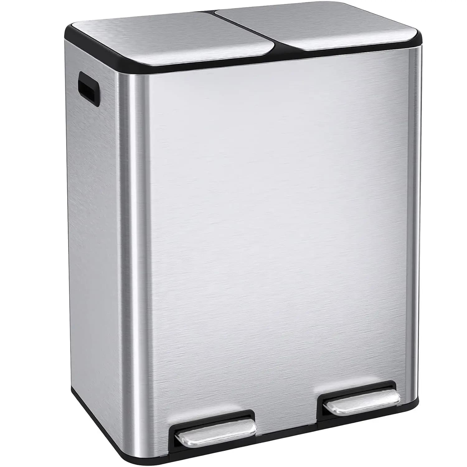 16 Gal (2 x 30 L) Dual Trash Can, Stainless Steel Kitchen Garbage Bin, Recycle Dustbin with Odor Control Box, Soft-Close Lid, In
