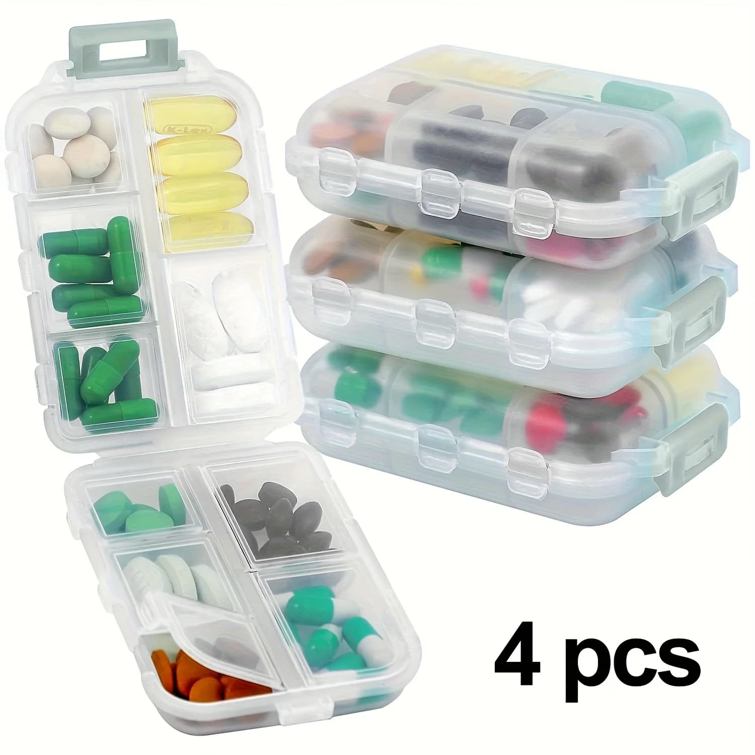 Pack of 4 portable tablets with 10 compartments - Foldable dispenser for medicines and vitamins