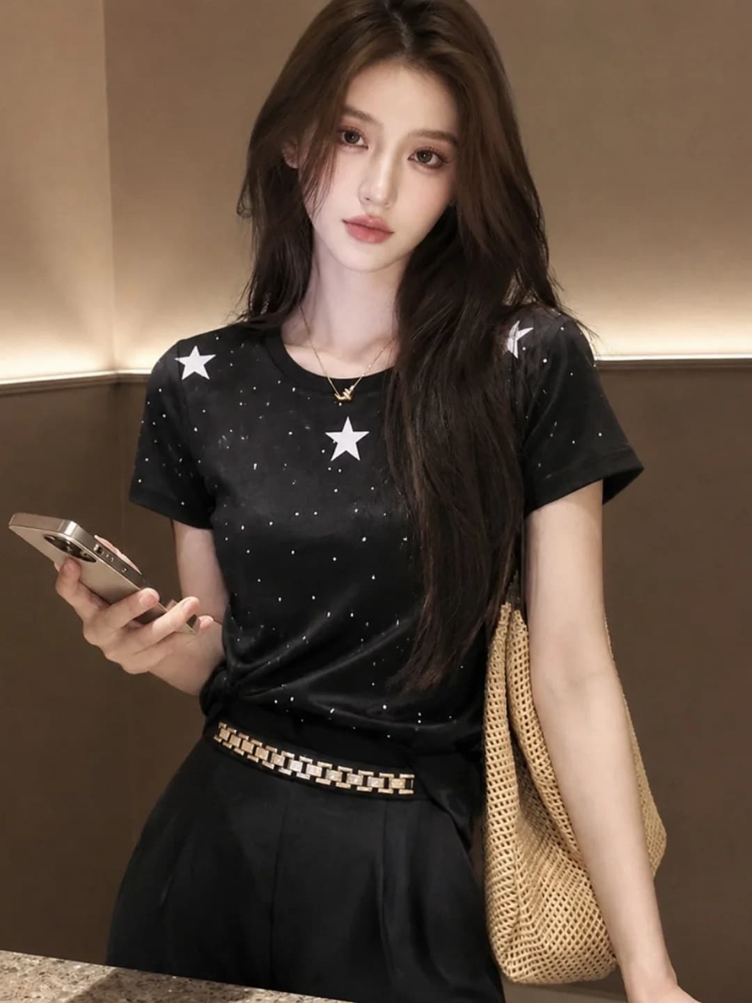 Summer Fashion Commute Short Sleeve T-Shirt Women's Print Design Slimming Versatile Top Korean Style Straight Cut Basic