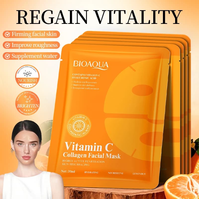5 pcs BIOAQUA Vitamin C Collagen Whitening Mask For Face Hydrating Anti-Aging Mask For Face Collagen Skin Care
