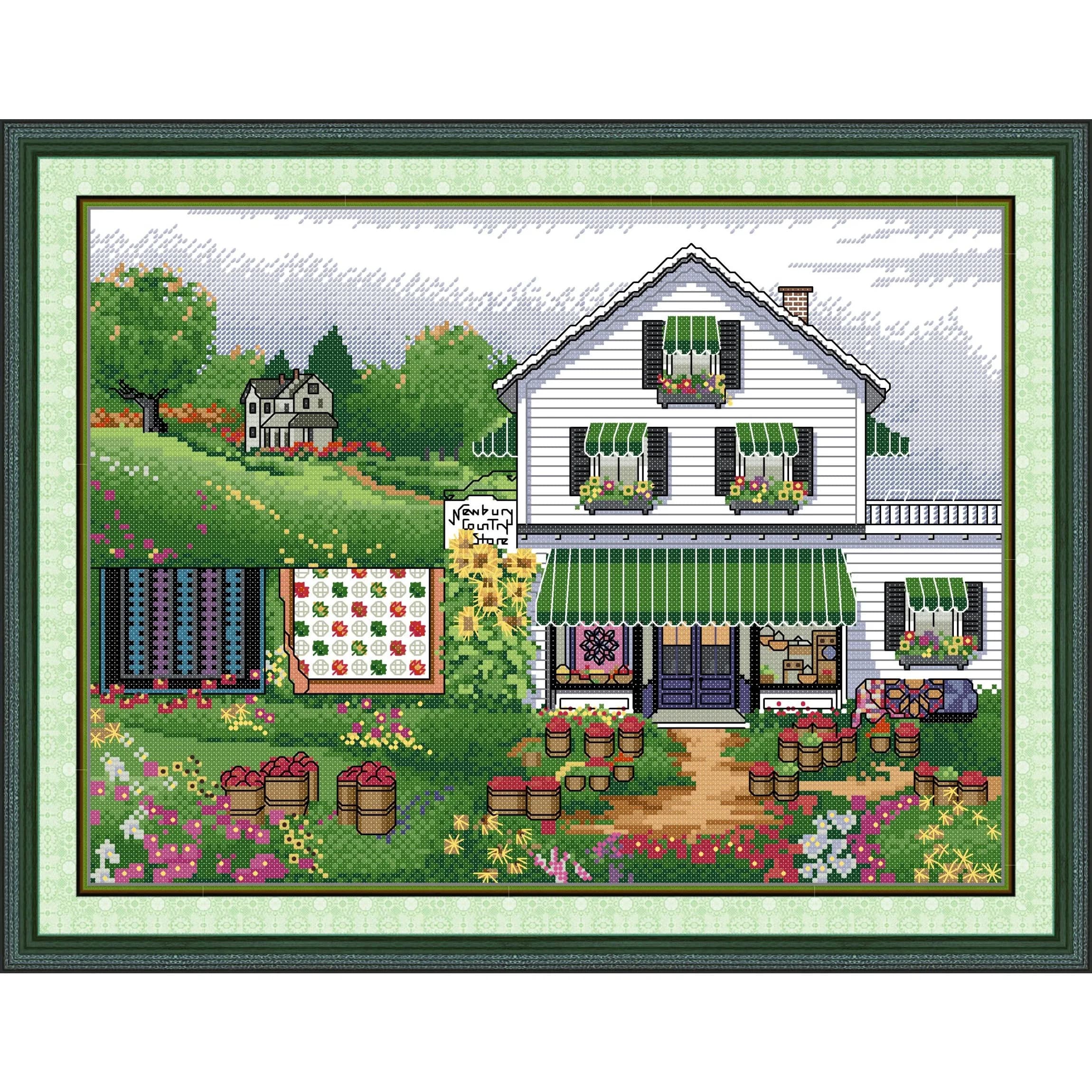 News Pre-Printed Cross Stitch Kit, Stamped Aida Fabric With DMC Threads, Embroidery Kit - Autumn Manor 1