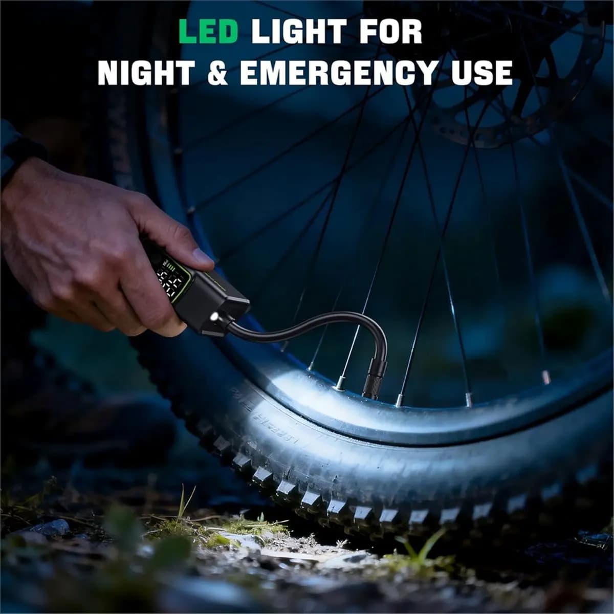 Compressore d'aria portatile AD10 per gonfiaggio pneumatici, mini pompa per bici senza fili con luci LED e manometro