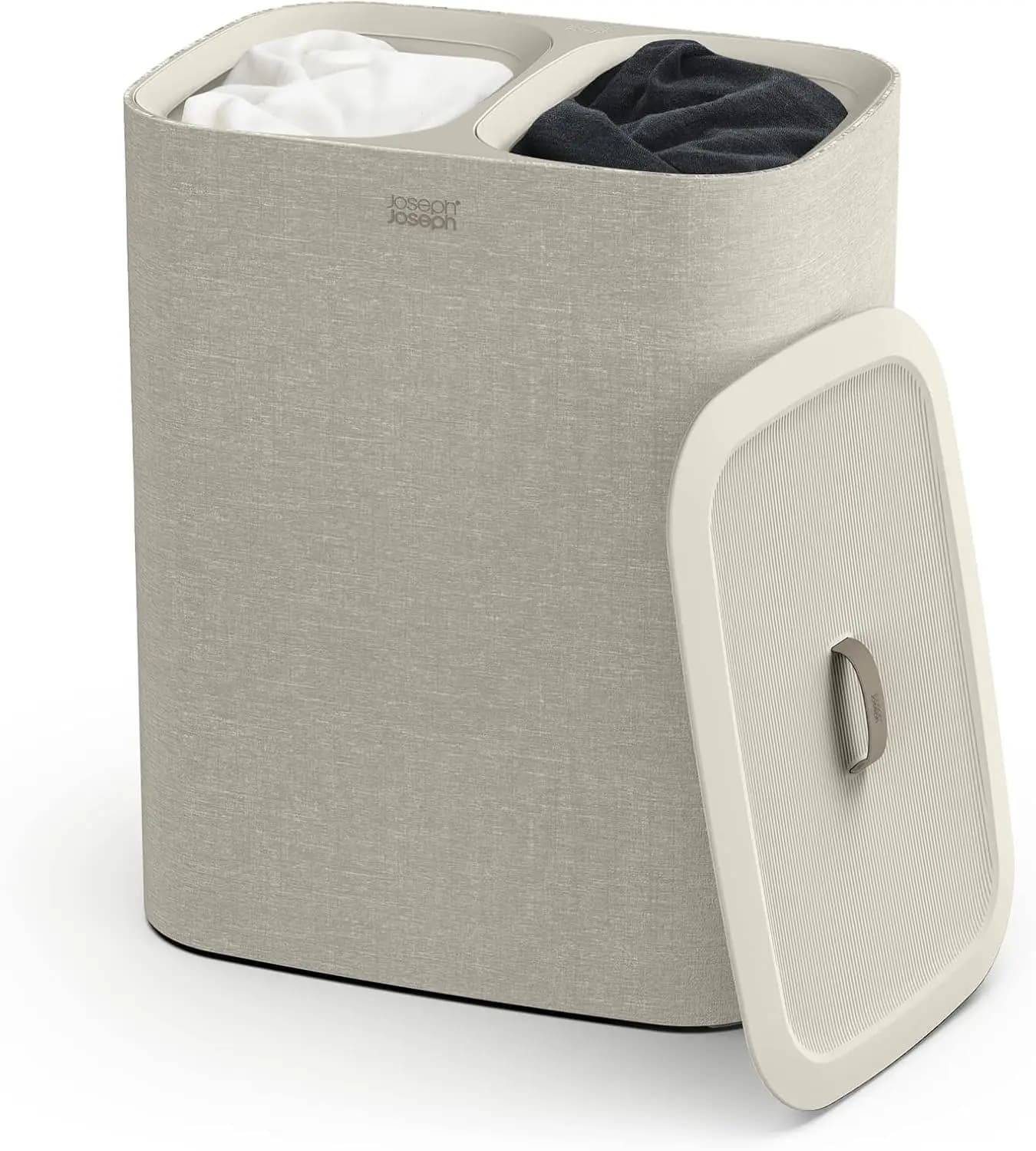 90 Liters Bucato Basket with Cover, 2 Removable Bags and Handles for Easy Textile Separation - Ecru