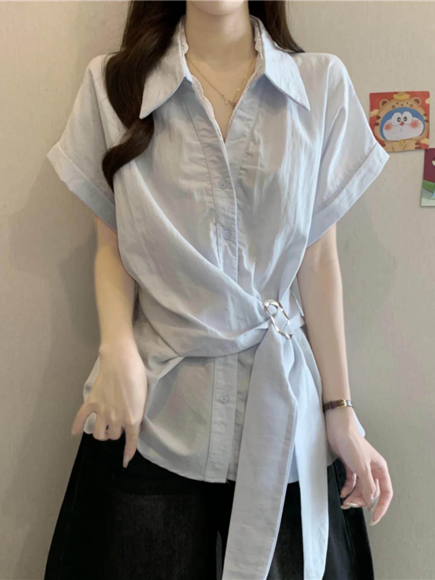 Lace Trim V-Neck Short Sleeve Shirt Women Summer 2026 plus Size Slimming Belted Waist Cinched Base Layer Top Korean Style