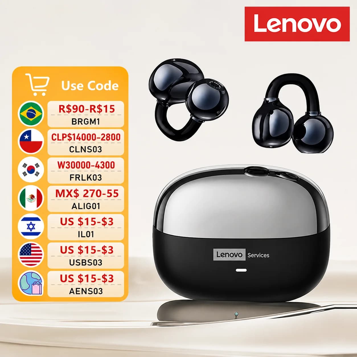 Auricolari Lenovo LE302 OWS con clip per l'orecchio, auricolari wireless Bluetooth 6.0, cuffie per chiamate HD, controllo touch, auricolari a bassa latenza per gaming.