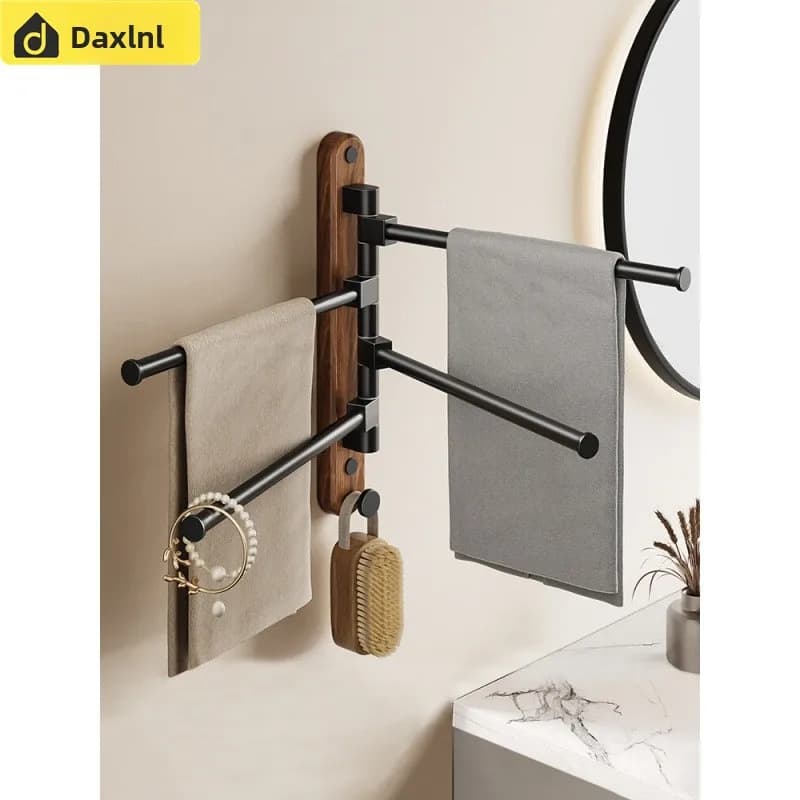 Rotating No-Drill Bathroom Towel Rack Degree Walnut Wood Aluminium Wall Mounted Multi-Bar Holder Black Finish Double To Five-Bar