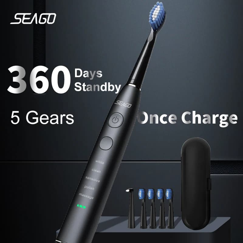 USB Rechargeable Seago Electric Toothbrush for Adults, 360-day battery life, IPX7, 4 spare heads, SG-575 travel case