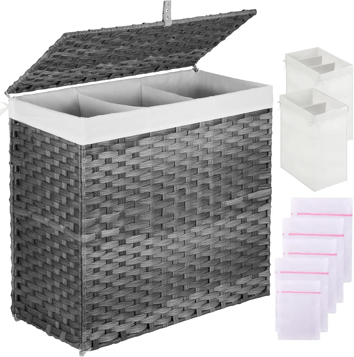Cesto per Bucato da 125L con Coperchio, 3 Scomparti e 2 Sacchi Rimovibili, Cesto per Bucato Diviso in Rattan Sintetico Intrecciato a Mano
