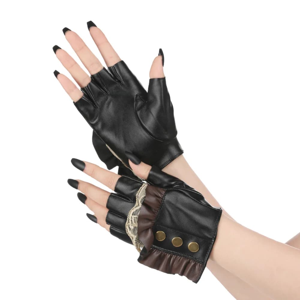 Modello che esegue guanti da moto da ballo di strada con mezze dita femminili in PU cosplay moda punk scuro tuono