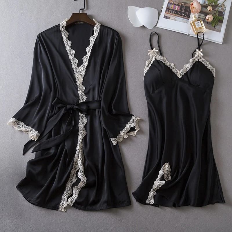 Women 2Pcs Lace Robe Gown Set Loungewear Kimono Bathrobe Nightwear Sleep Suit Summer New Sleepwear Nightgown Lingerie