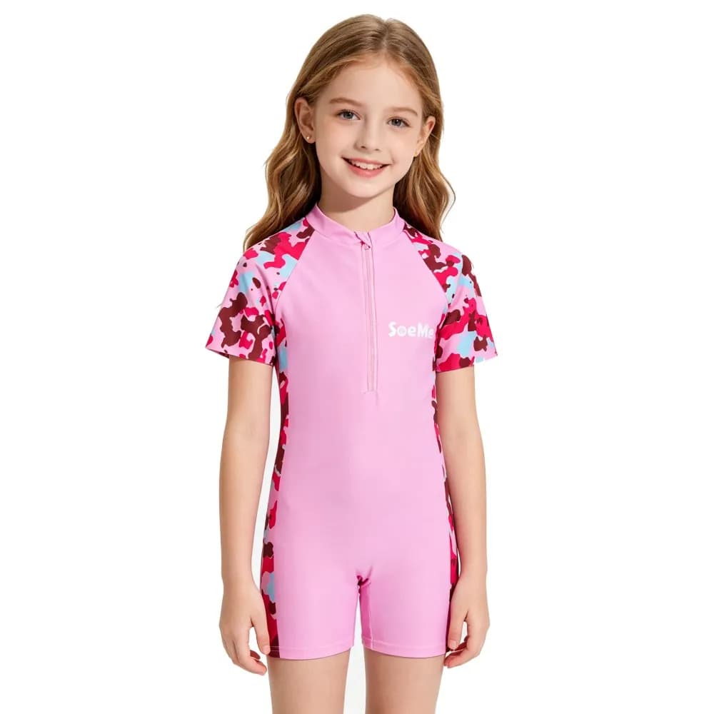 Costume da bagno intero sportivo a righe rosa per bambine, con maniche corte e cerniera, ad asciugatura rapida, ideale per la spiaggia