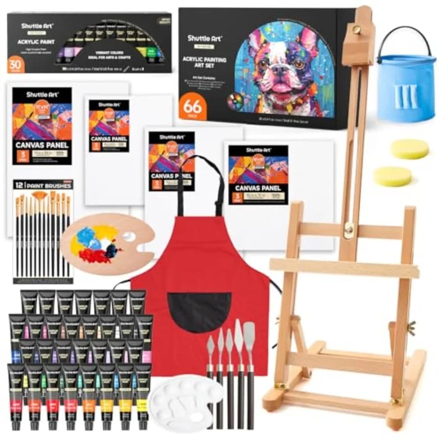 66 Pack Acrylic Paint Set, Acrylic Painting Set with 30 Colors Acrylic Paint, Wooden Easel, Painting Canvas, Paint Brushes, Pal