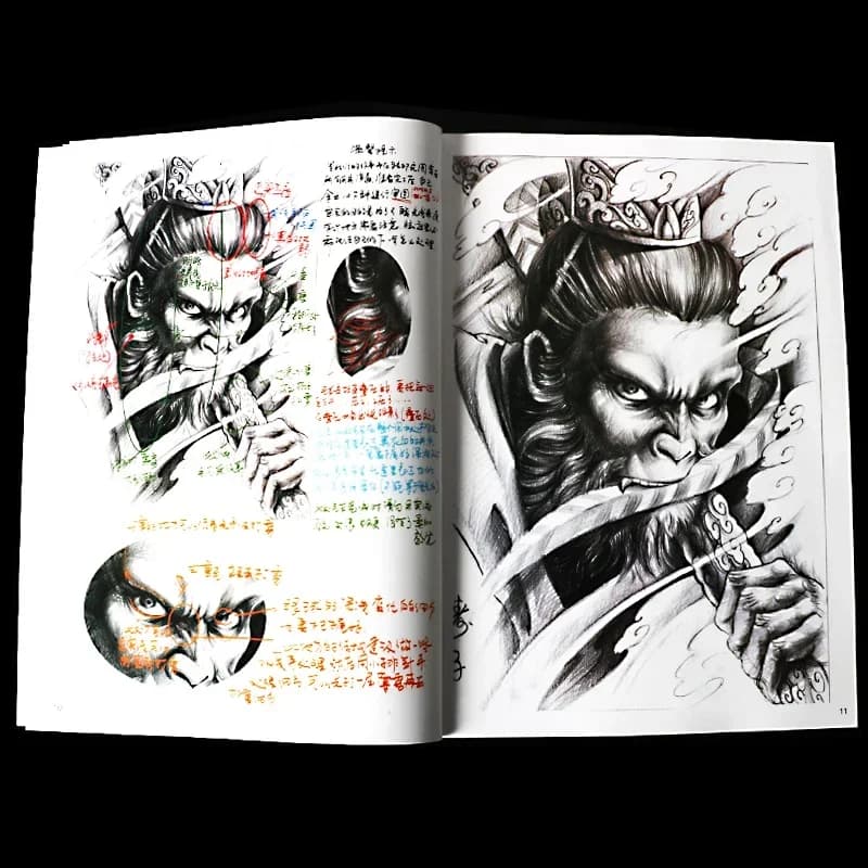 Beginner's Traditional Chinese Tattoo Design - Monkey Samurai Stencil Template - Ancient Tattoo Drawing Book Tattoo Access