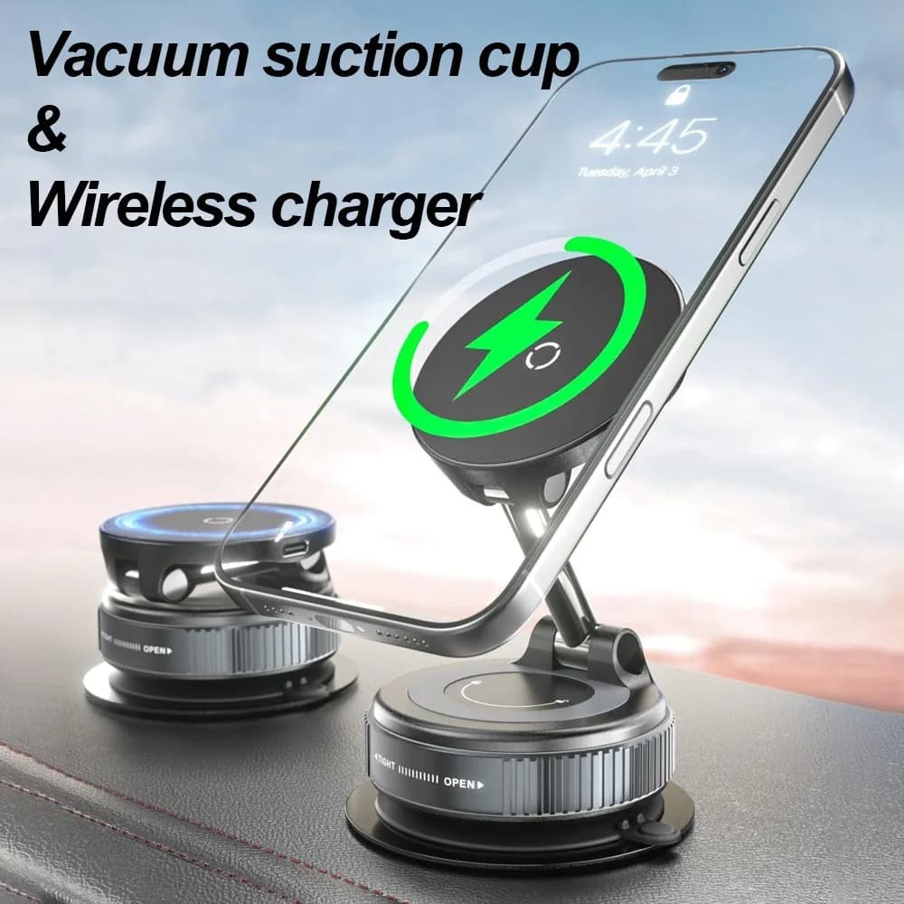Support for phone with magnetic wireless charger for car and 360 ° Support with vacuum suction cup with rotation for iPhone 16 15 14 13 12 Quick charging dock