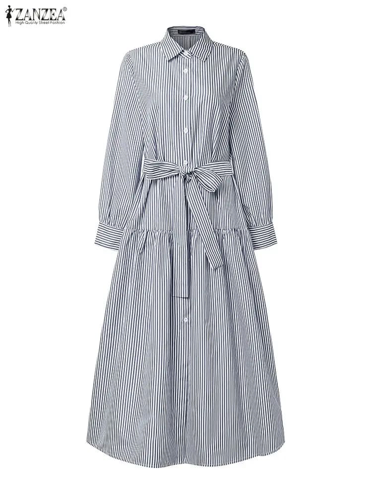ZANZEA Office Women Dresses 2025 Autumn Elegant Lapel Neck Long Sleeve Shirt Dress Casual Stripe Work Vestidos Buttons Down Robe