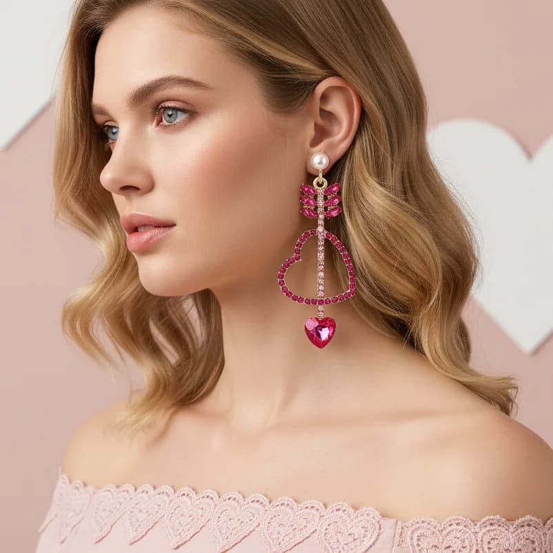 Orecchini a forma di cuore con diamanti colorati, design esagerato, stile lusso leggero, temperamento dolce, in lega con diamanti incastonati, da donna