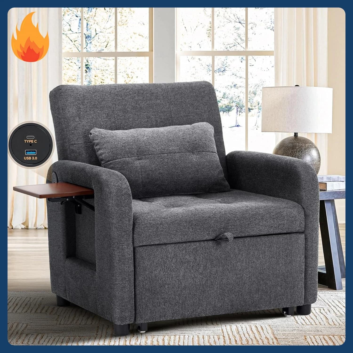 Nuovo Arrivo! Poltrona letto trasformabile - Divano letto futon in tessuto, divano letto singolo, piccolo divano letto con porta USB, tavolino pieghevole