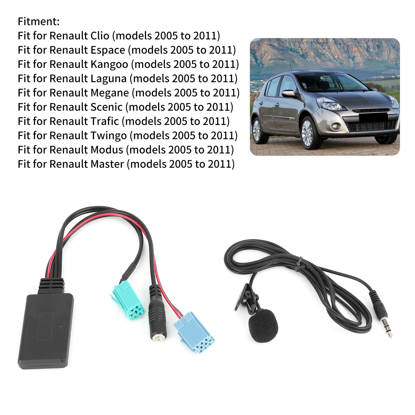 Adattatore AUX per cavo audio Bluetooth Clio da 6 pin Adattatore AUX‐IN stereo per auto con microfono adatto per Clio/Espace/