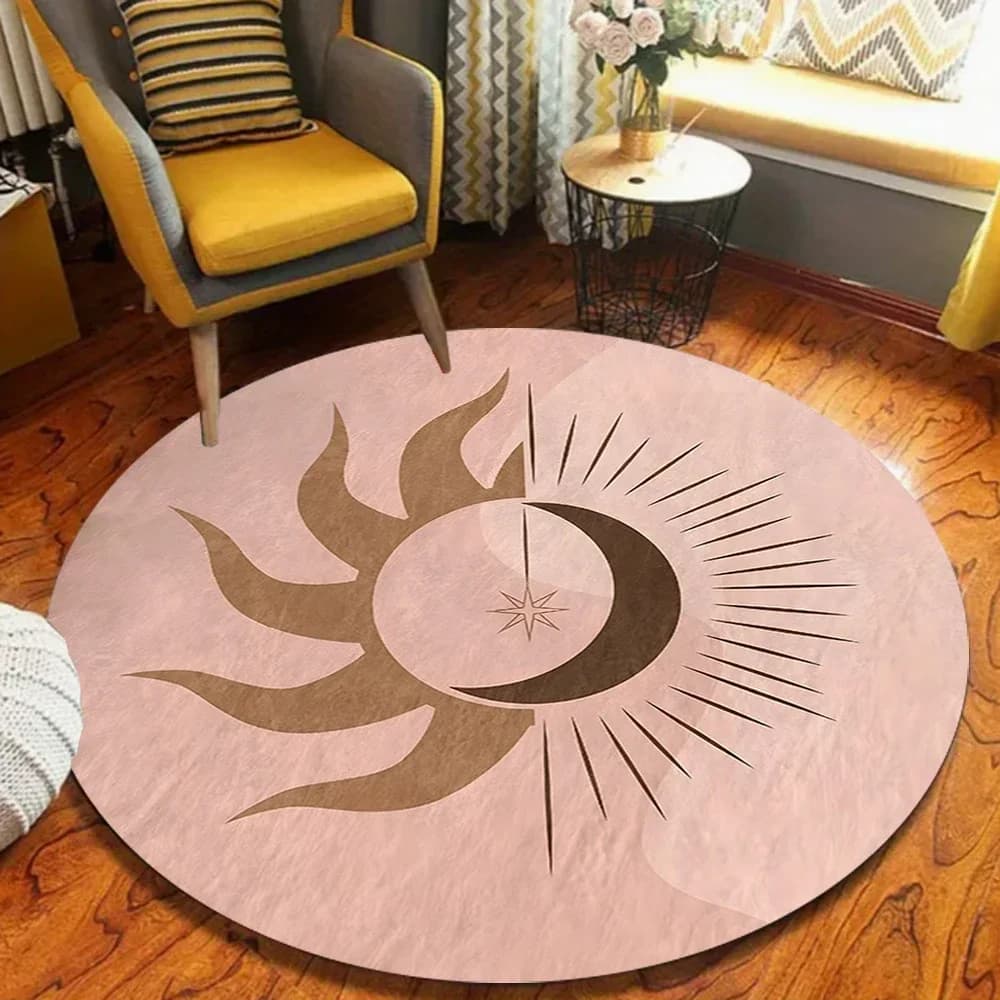 Tappeto Rotondo Sole e Luna, Tappeto Spirituale Antiscivolo, Tappeto Circolare Mistico, Tappeto Beige Solido per Soggiorno