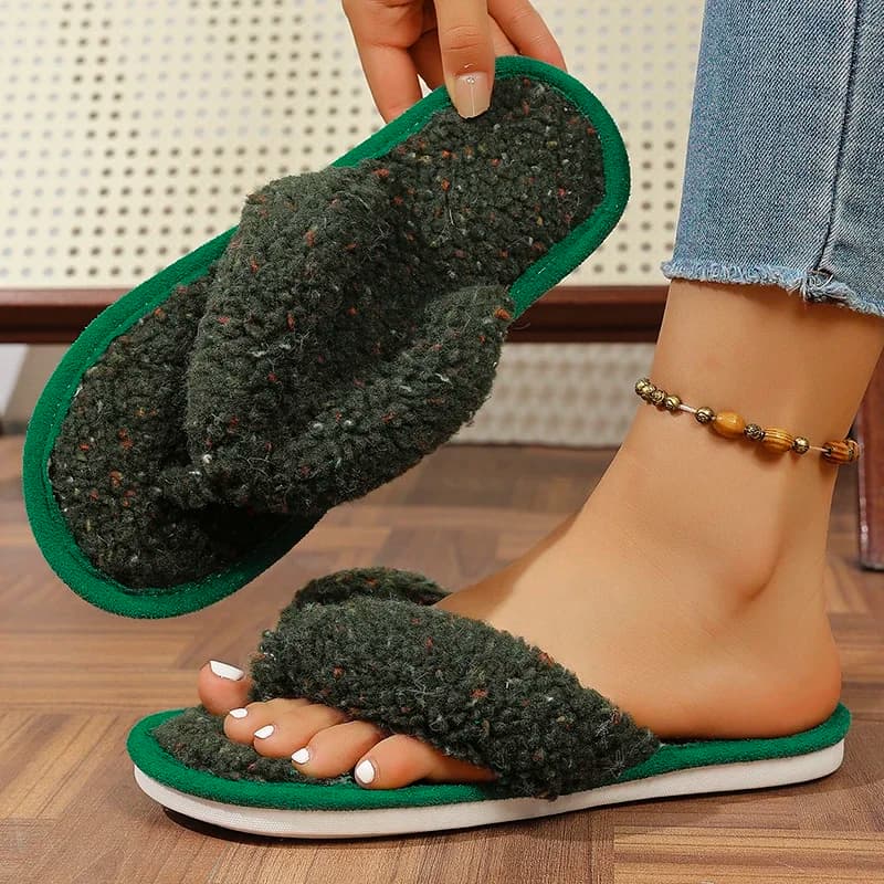 Indoor Mix Color Women's Fur Slippers Lightweight Non Slip Cotton Slippers for Woman Winter Open Toe Plush Flip Flops Female