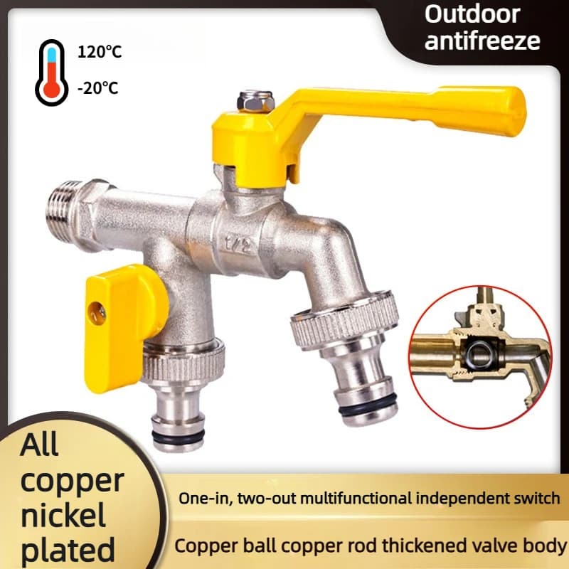 Rubinetto da Giardino in Ottone Massiccio con Doppia Uscita, Miscelatore Acqua Calda e Fredda, Ingresso 1/2" per Lavatrice da Esterno/Cortile