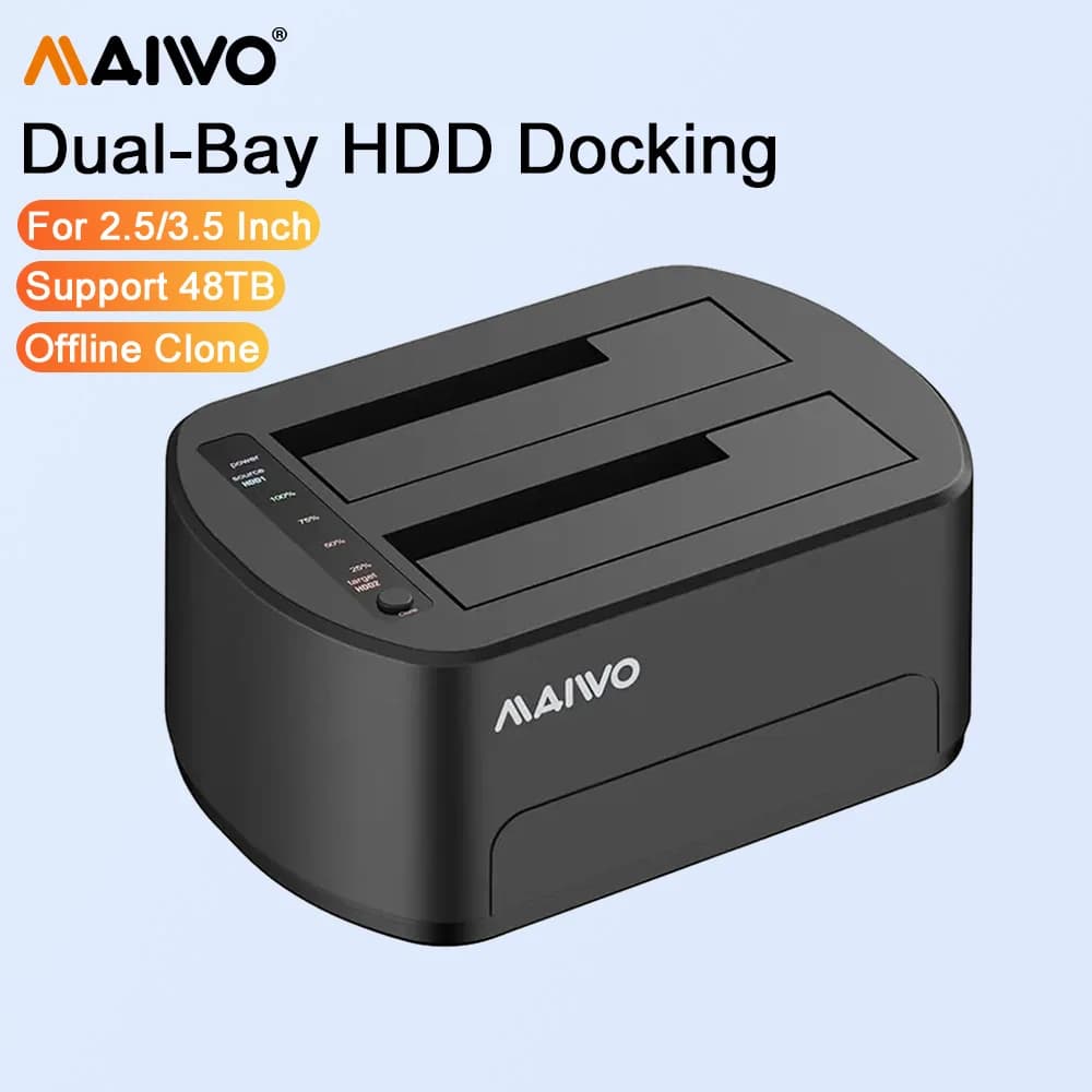 Custodia per HDD MAIWO custodia per Hard disk esterno Dual Bay da 2.5/3.5 pollici con adattatore di alimentazione Clone 12V 3A Offline per Pc Laptop