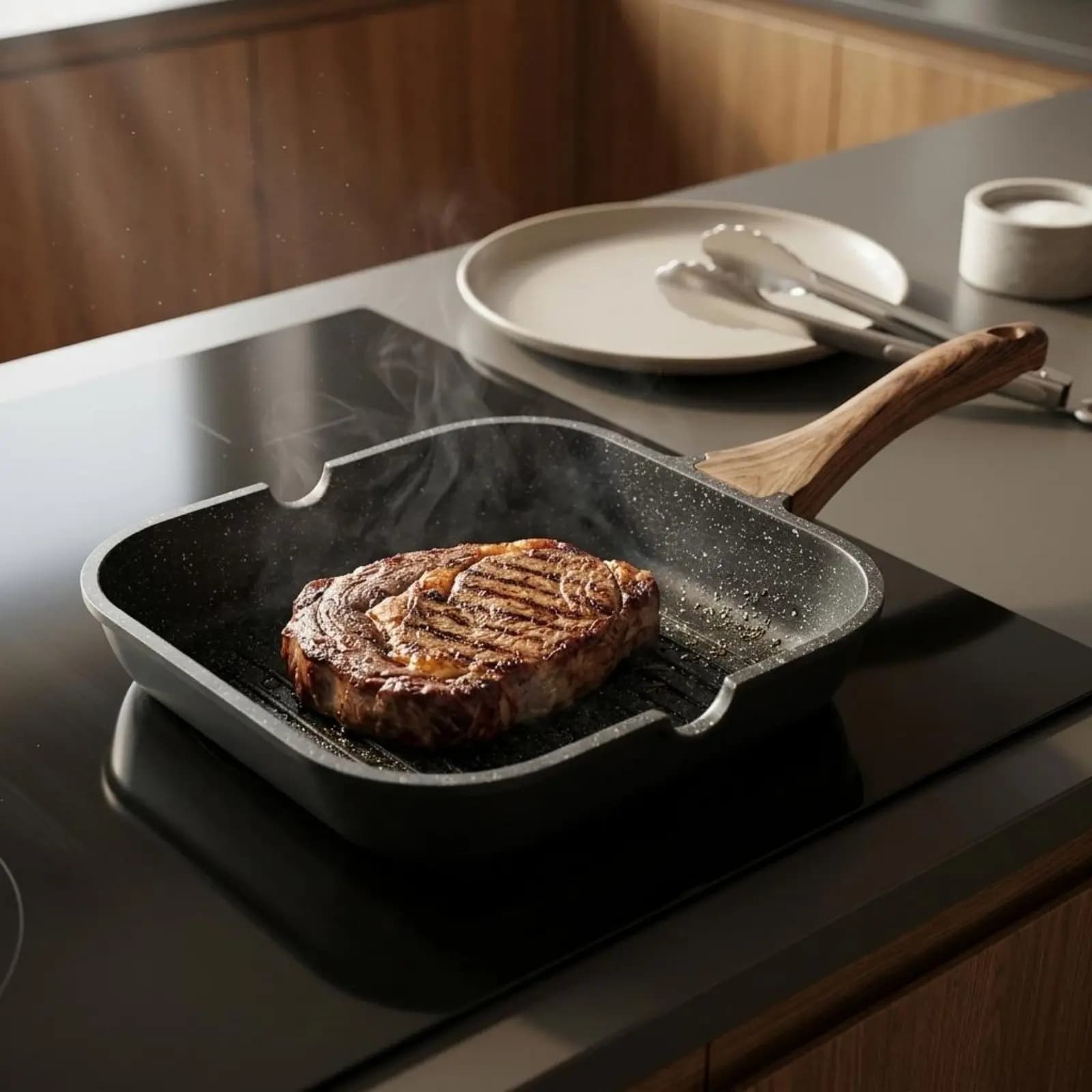 Padella Antiaderente per Bistecche Compatibile con Induzione, Padella per Colazione con Superficie Rigata per Distribuzione Uniforme del Calore