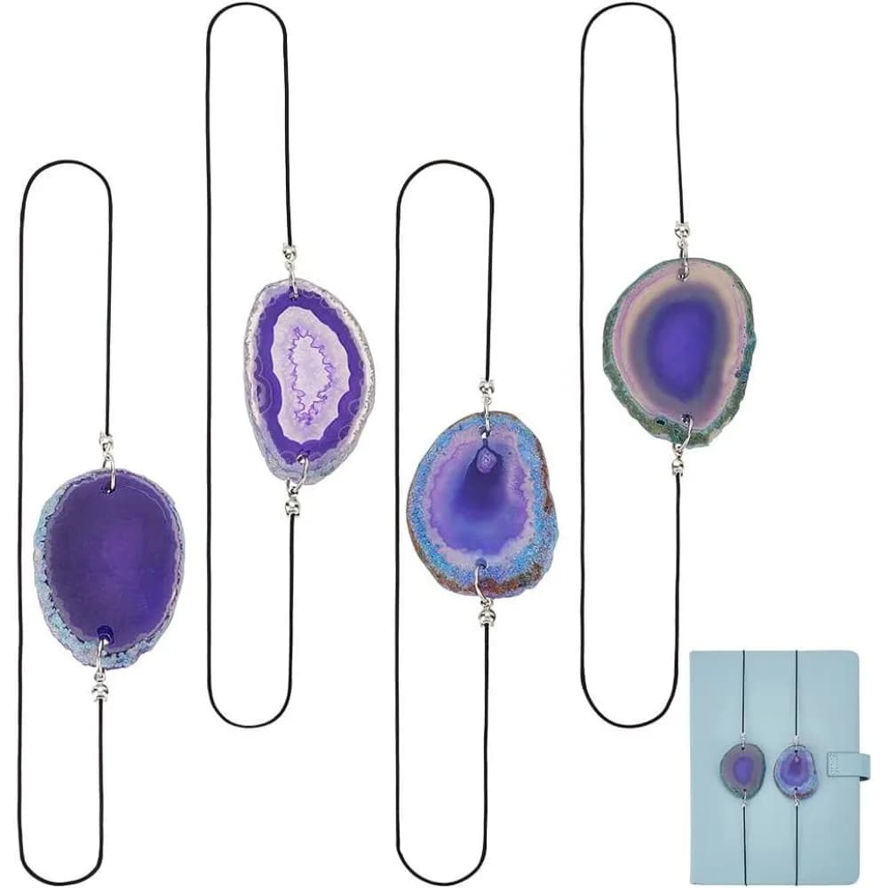 4 PCS Agate Notebook Elastic Band Bookmarks - 15.75 Inch Dyed Druzy Agate Slice Handmade Page Markers for Planners Journals