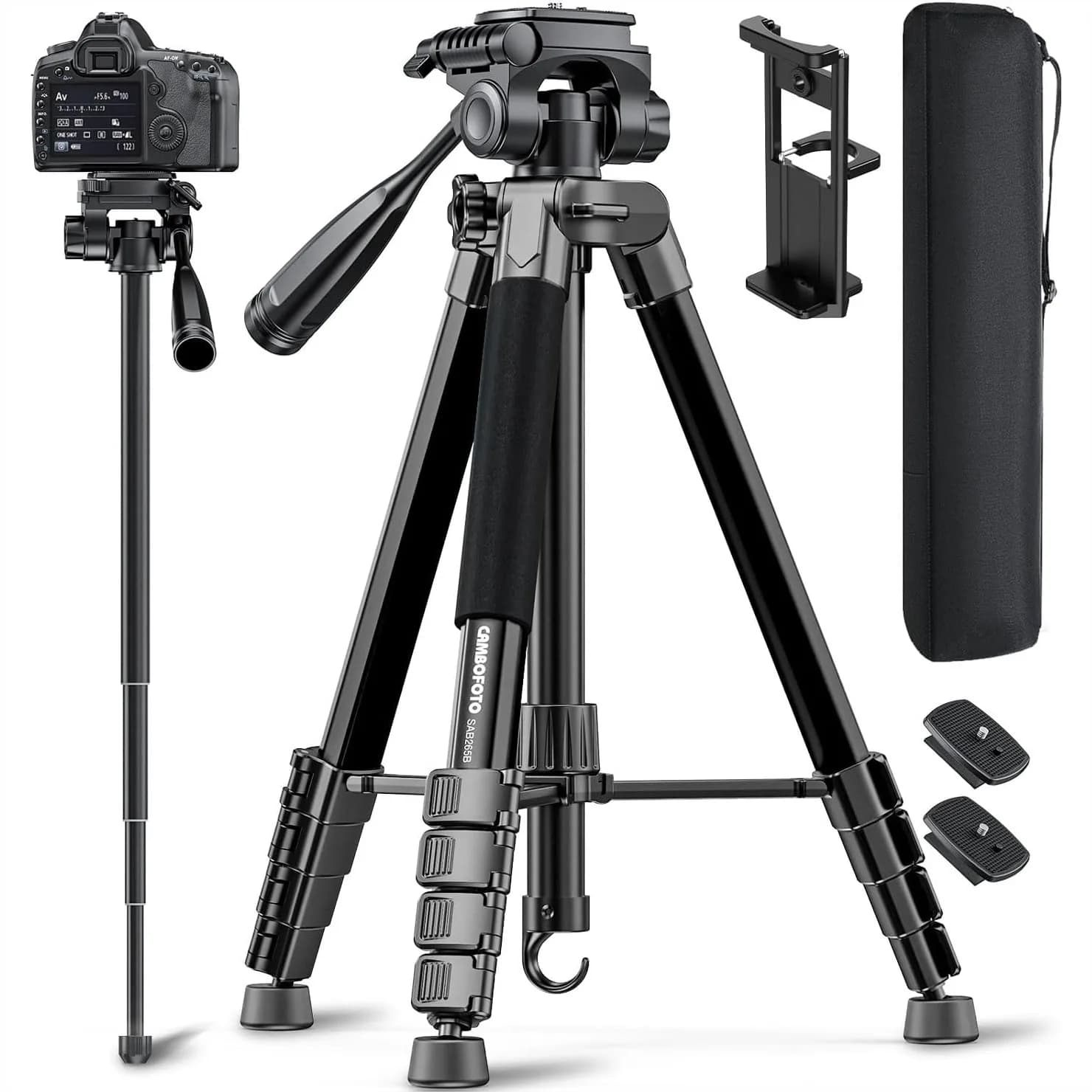 Treppiede e Monopiede per Fotocamera da 73 Pollici, Supporto Professionale in Alluminio per DSLR/Mirrorless/Cellulari/GoPro, con Supporto per Telefono