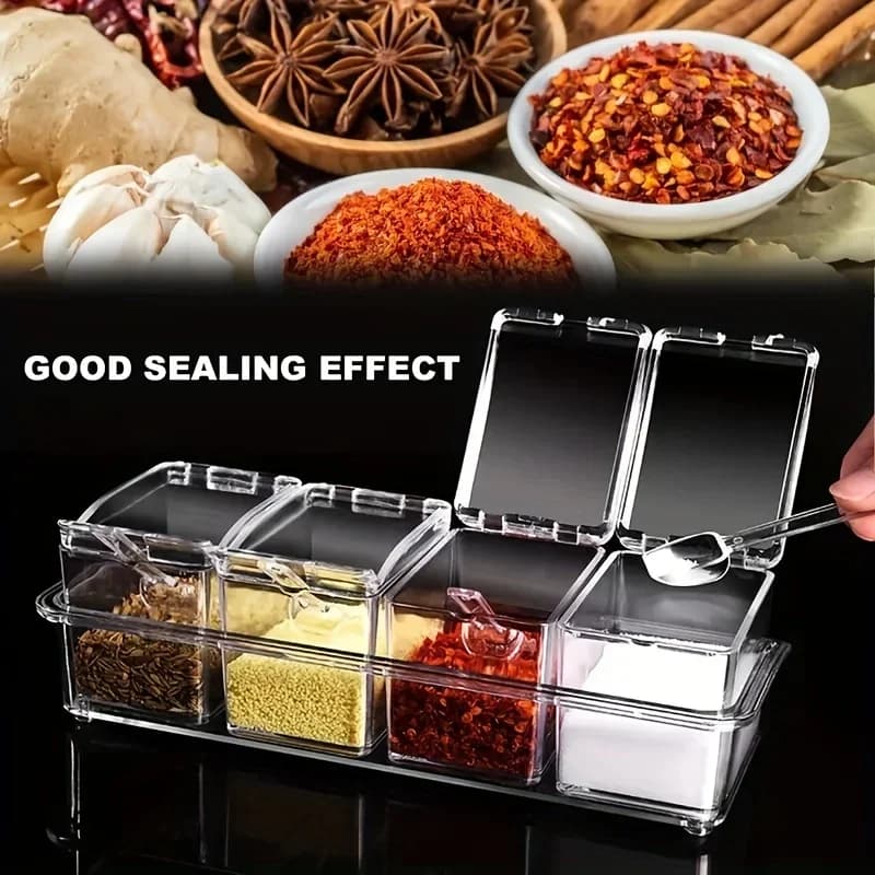 Four Compartment Transparent Seasoning Box with Spoon Lid and Storage Base, Salt, Sugar, MSG Four in One Storage Container