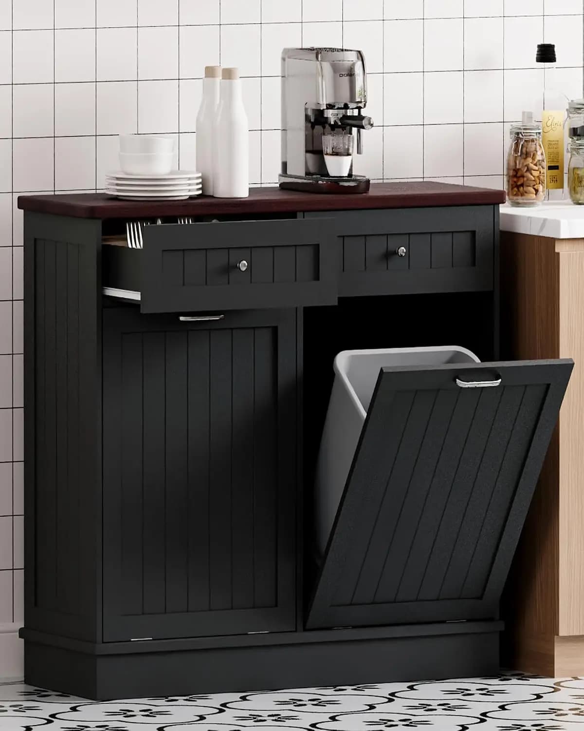 Outdoor Indoor Kitchen Tilt Out Double Trash Cabinet Garbage Can Holder Frame Recycling Bin Recycling Station Storage Drawer Furniture Unit For Dining Room Laundry Utility Space Modern Solid Wooden Black