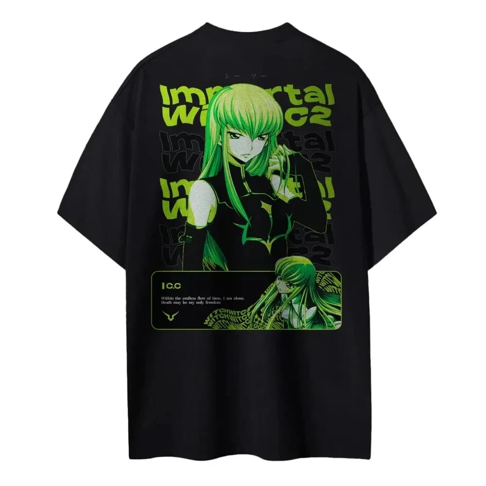 New T-shirt Code Geass CC Character Green Hair Strega Immortal Quote Print Men Women's Cotton Oversize Comfort Fit Streetwear