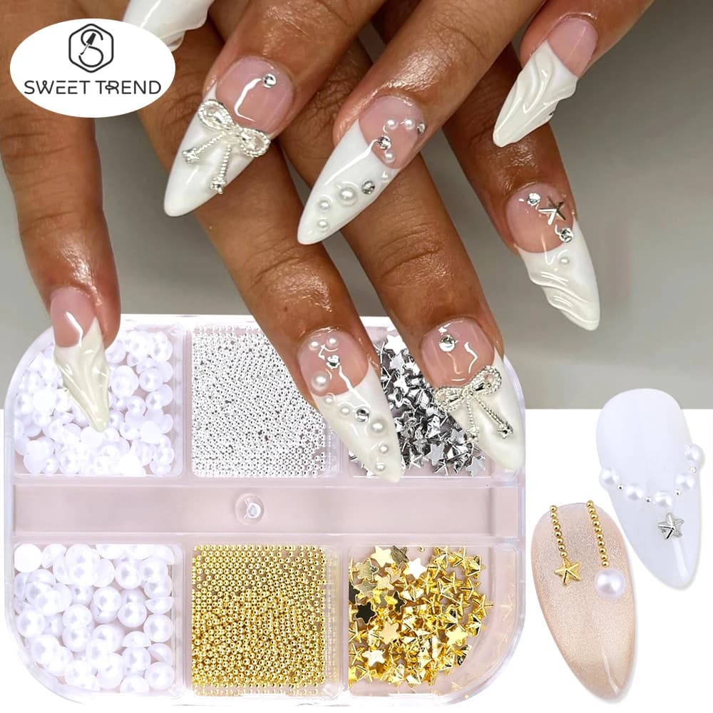 SWEET TREND-6 Griglie di Decorazioni per Unghie Y2K a Forma di Stella, Perline in Acciaio Oro e Argento, Accessori per Manicure Fai-da-Te