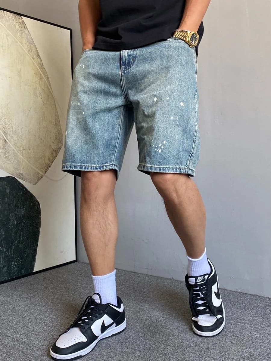 Summer American Casual Washed Retro Splashed Ink Jeans Shorts Men Loose Versatile Large Size Five Parts Trendy Pants