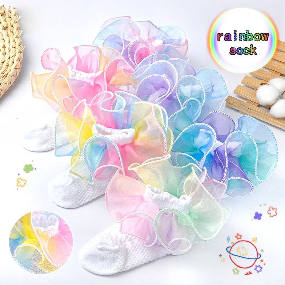 Neonate bambini calzini danza arcobaleno pizzo volant principessa maglia bambini caviglia corto cotone traspirante bambino carino calzino 1-10Y
