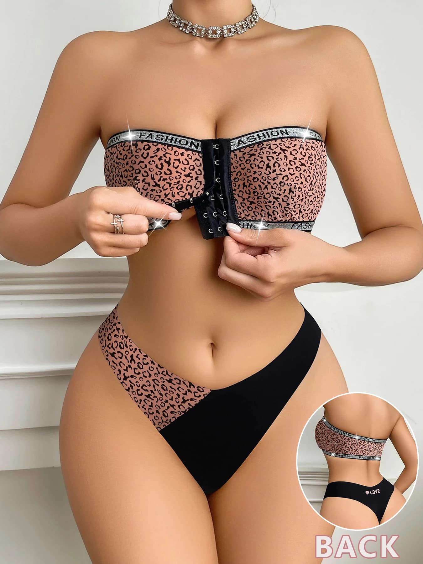 1 set di reggiseno senza spalline con stampa leopardata, reggiseno con bottoni frontali e perizoma color block