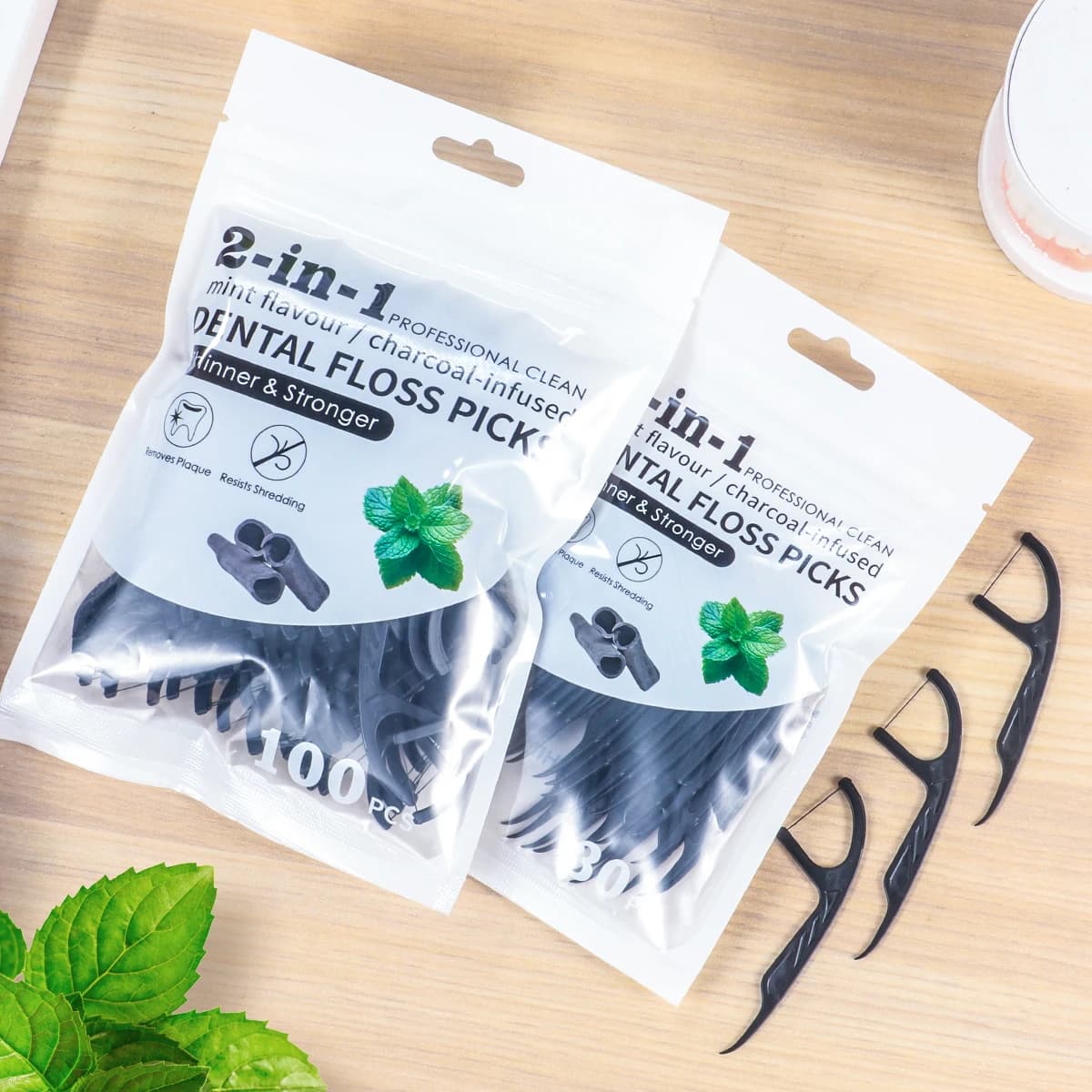 Mint Flavored Bamboo Charcoal Dental Floss Stick - Ultra-Fine Toothpick Home Set - Portable Disposable Care Dental Floss