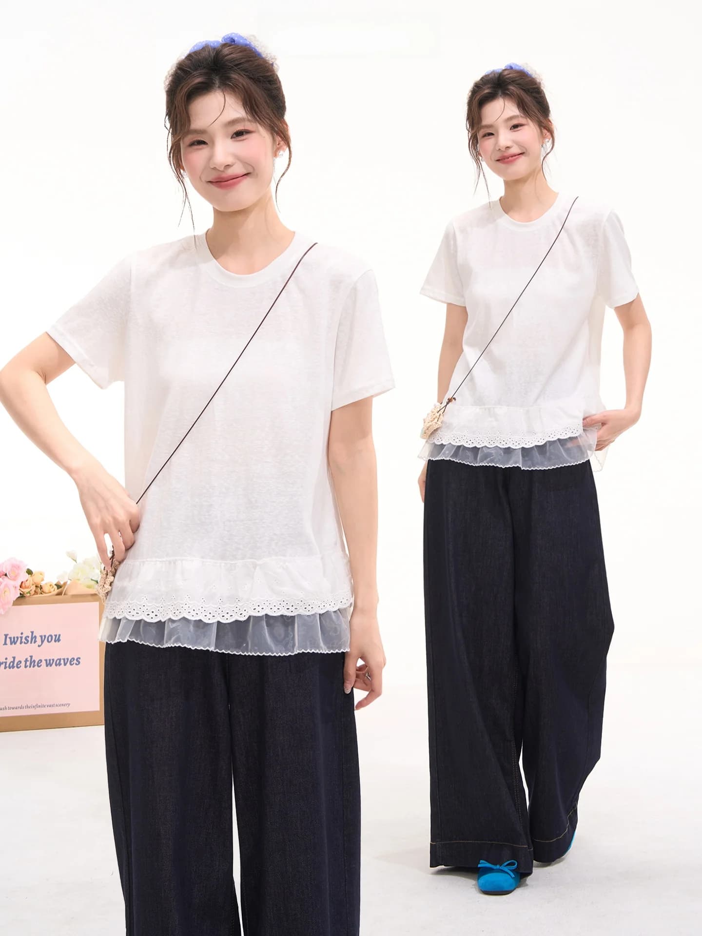 T-shirt da donna a maniche corte con pizzo, stile ragazza dolce, alla moda estiva, con motivo floreale e orlo a finestra, look giovanile e sognante