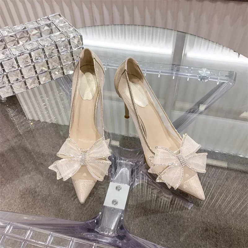 Scarpe da sposa in pizzo bianco, tacchi alti con fiocco in strass francesi di cristallo, sandali da donna, nuovo stile, scarpe singole da donna di nicchia