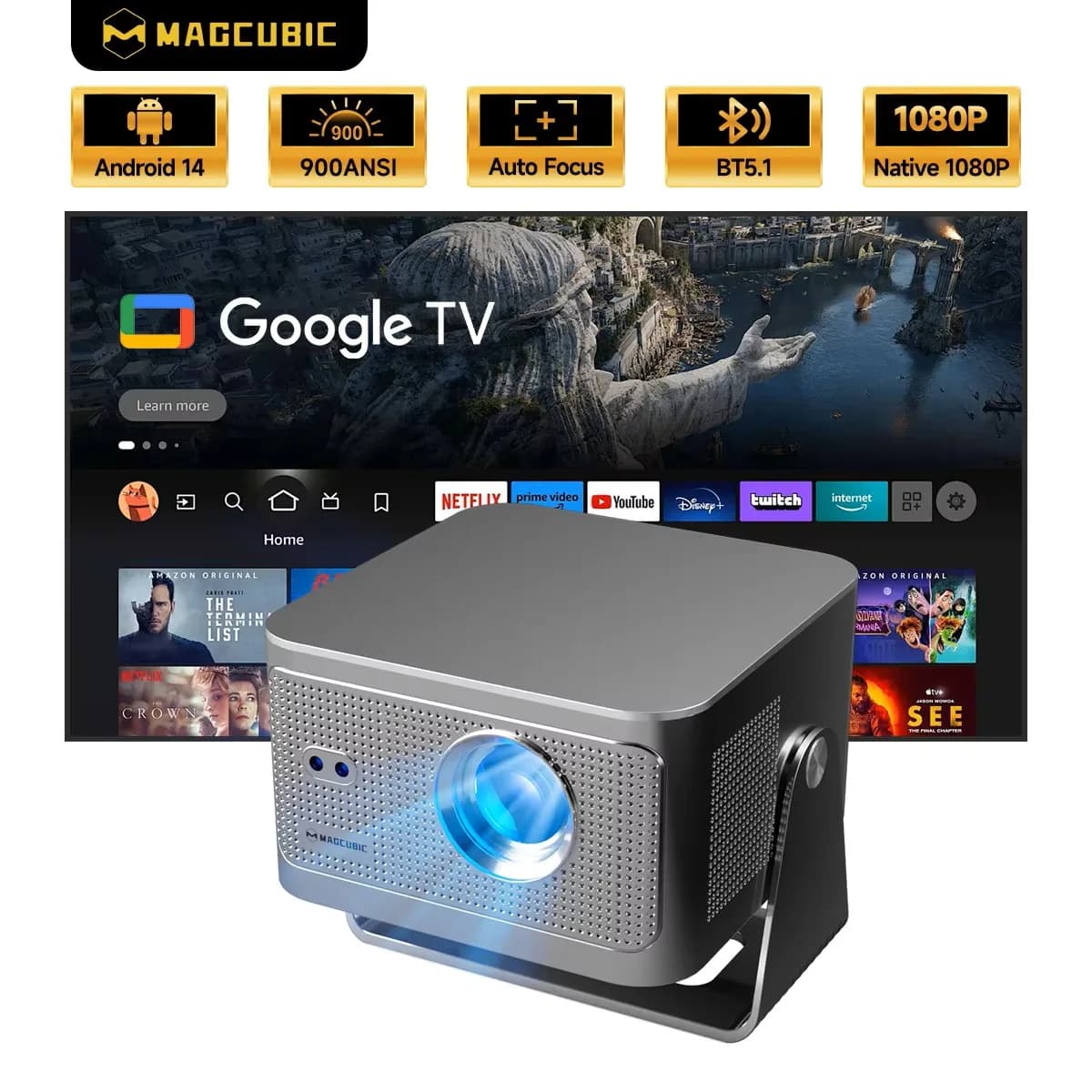Proiettore Magcubic HY350GT 900 ANSI con Google TV stick, proiettore nativo 1080p, autofocus, proiettore portatile per la casa
