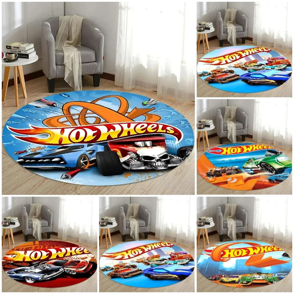 Hot Wheels Cars Tappeto rotondo stampato HD Tappeto antiscivolo per soggiorno, camera da letto, cucina, arredamento e tappetino per area di attrezzi regalo