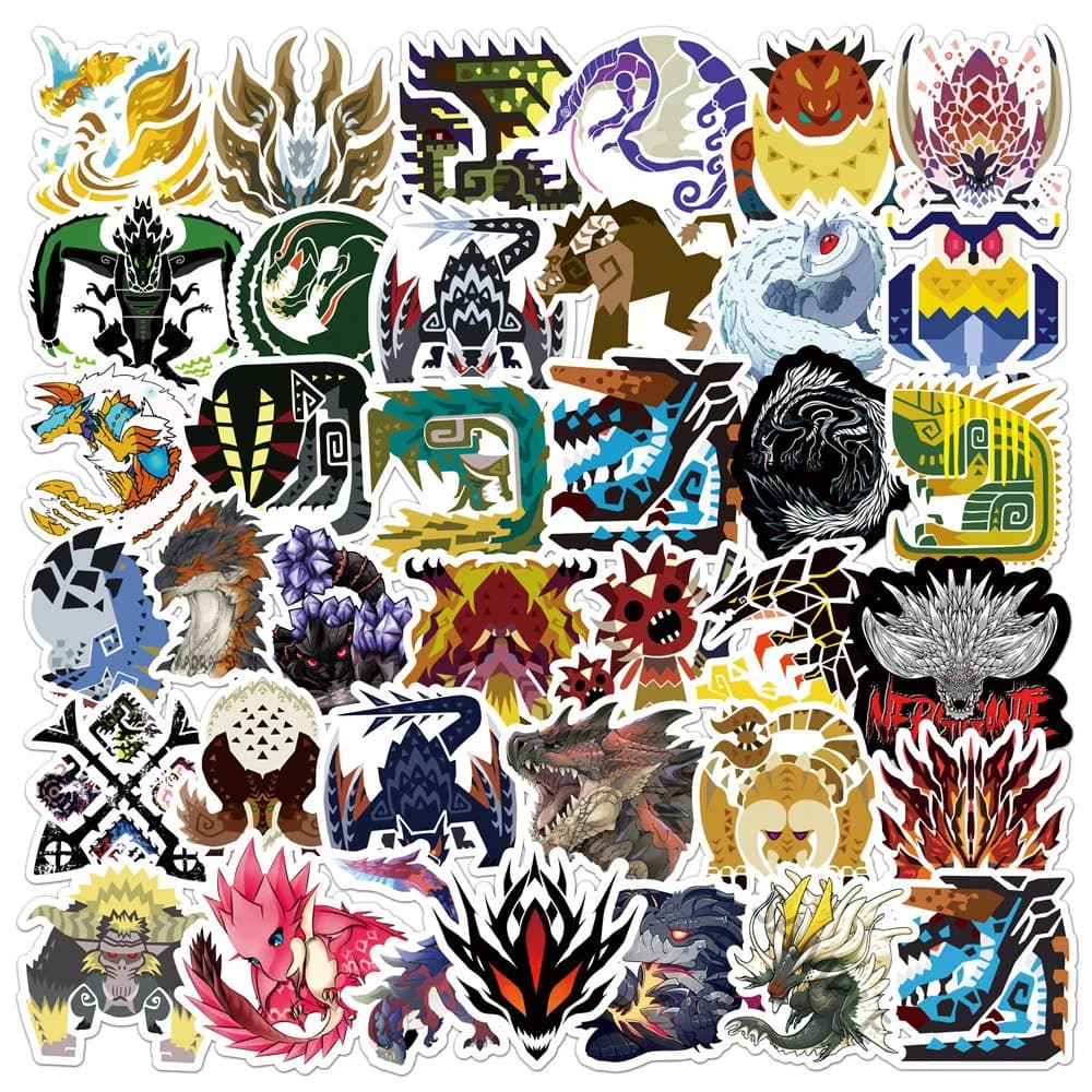 50 Adesivi Monster Hunter per Telefono, Laptop, Notebook, Valigia, Chitarra, Decorazioni Fai-da-Te, Stile Cartoon