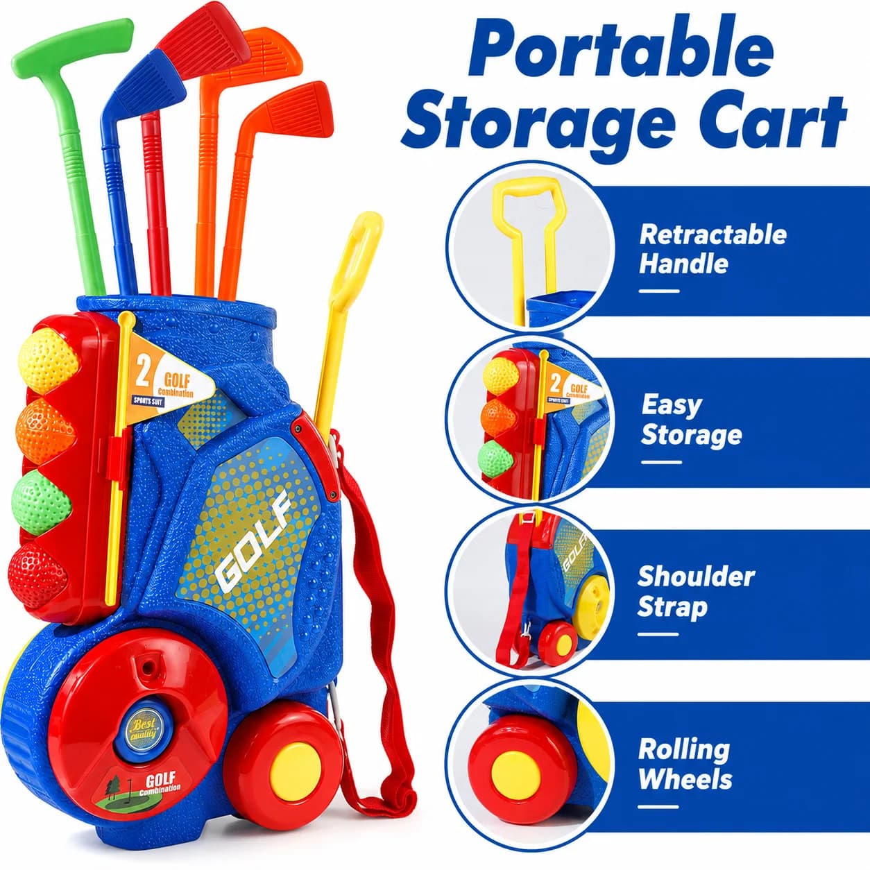 MQUDUO Portable Golf Set with Rolling Storage Cart, 4 Adjustable Clubs, 12 Practice Balls, Putting Mat and Game Accessories