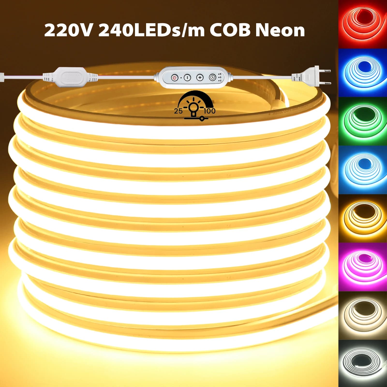 Striscia LED COB Dimmerabile 220V IP65, 240 LED/m, Nastro Luminoso Flessibile ad Alta Luminosità Bianco/Rosso/Blu/Verde/Rosa per Decorazione Giardino e Camera da Letto