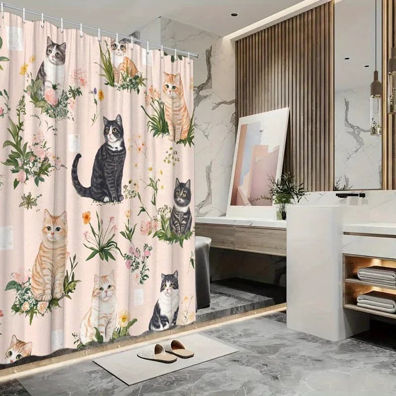 Tenda da doccia stravagante per gatti da 1 pezzo - Gatti disegnati a mano in arancione, nero, bianco e tartarugato, rose e margherite, sfondo rosa chiaro