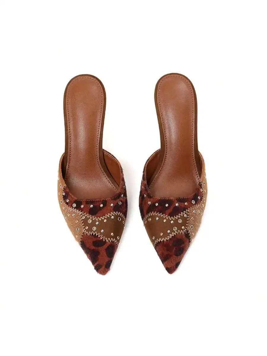 Suede Pointed Toe Mule Heels For Women Slip On Studded Dress Party Shoes