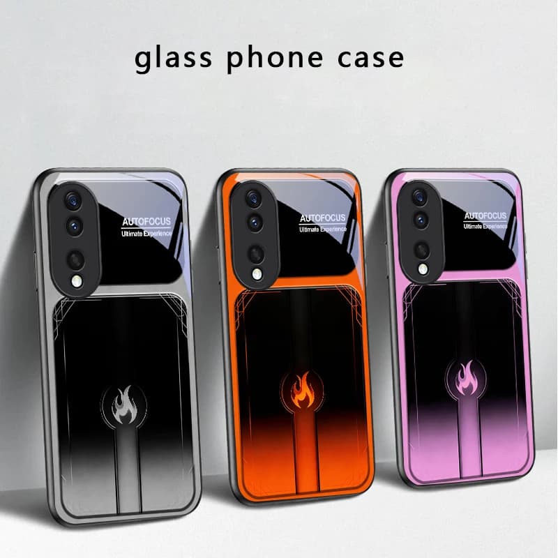 Glass phone case with dazzling purple flames for Honor X5 Plus X30 X9c Smart X5b X9a X30 Max X50i 30 Pro+ 50 Pro 70 90 Smart 200 Lite