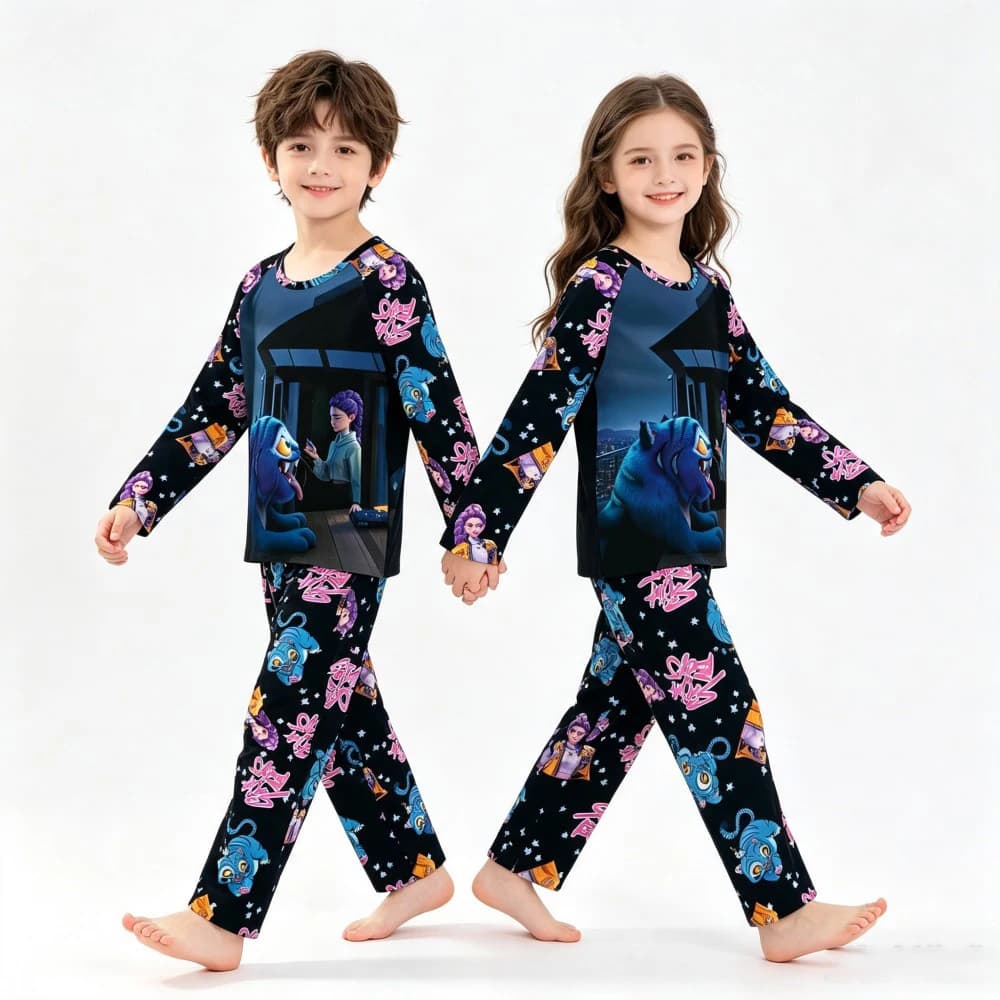 Girls Cartoon Pyjamas Children 2‑Pcs Pajama Set Long Sleeve Comfortable Home Sleepwear Elastic Waist Pants Kids Night Clothes