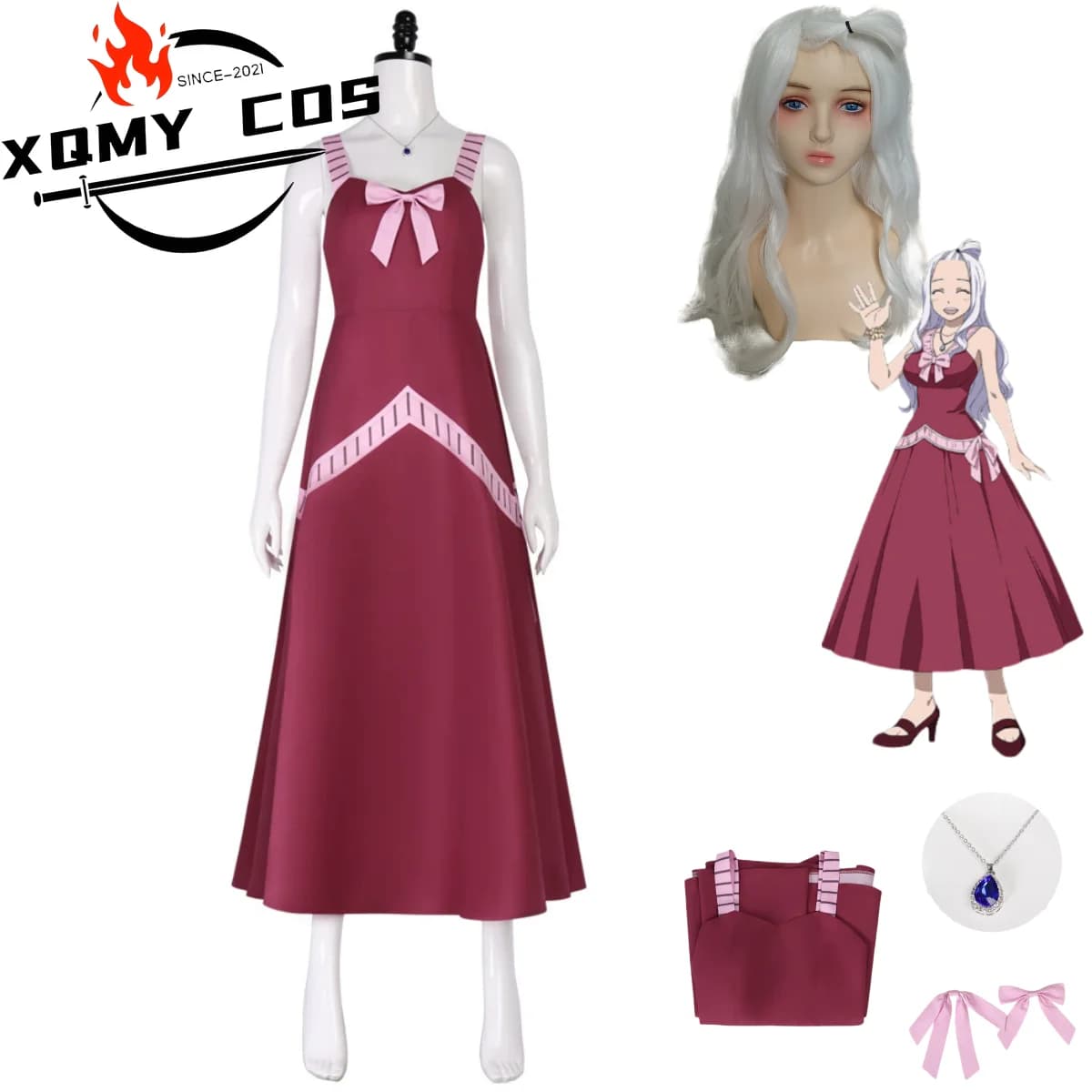XqAnime FAIRY TAIL Mirajane Strauss Cosplay Costume Dress with Red Strap Wig Necklace Sexy Woman Cute Carnival Halloween Dress