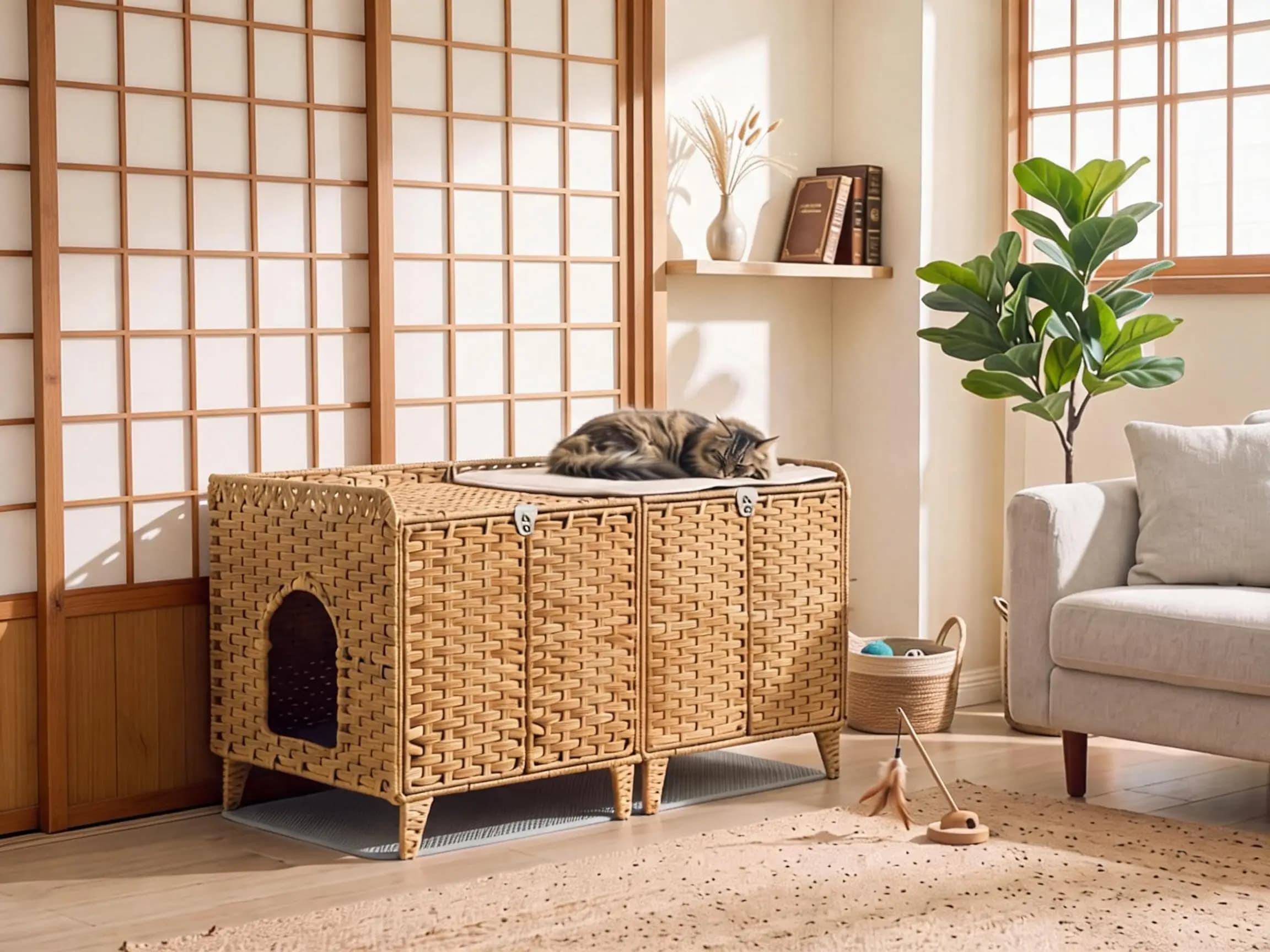 Hidden Rattan Cat Litter Box Enclosure For Cats Odor Free Easy Clean Wicker Cabinet With Airflow Vents